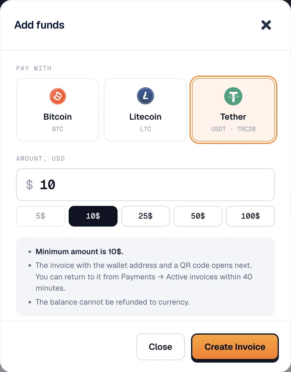 Socks.Market Add funds: Bitcoin, Litecoin or USDT TRC20, minimum top-up and invoice