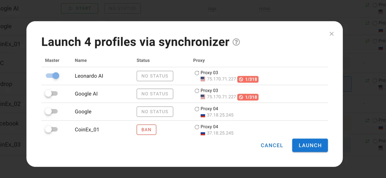 Synchronizer running the same action across several Dolphin Anty profiles