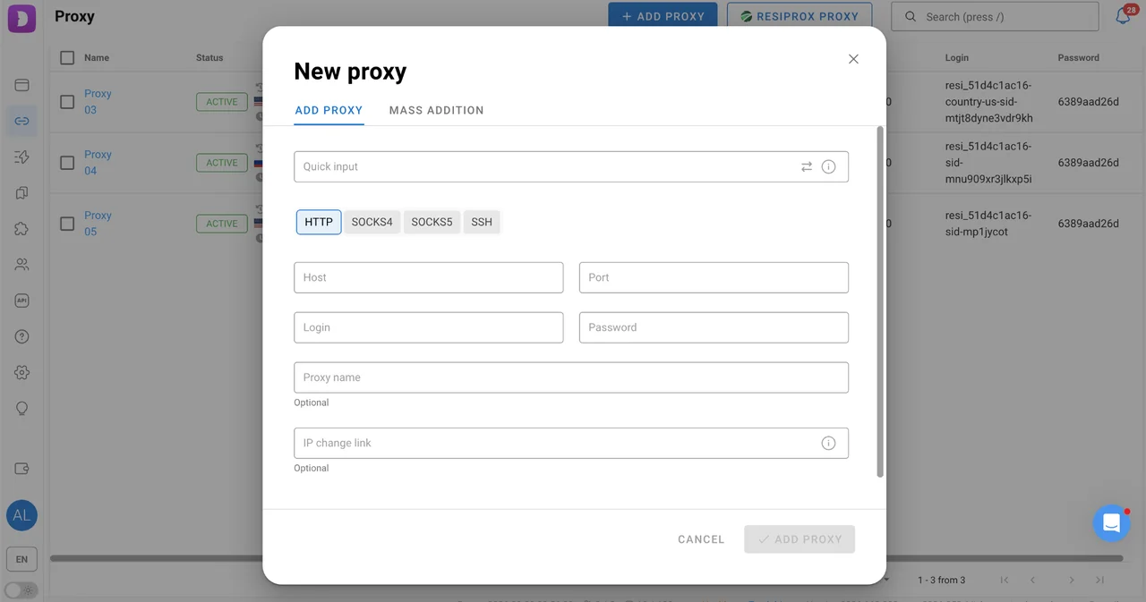 Proxy manager in Dolphin Anty with saved connections