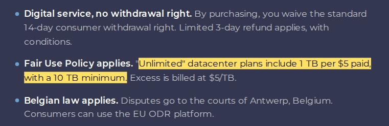 Proxyscrape: Los planes ilimitados de centro de datos no son realmente ilimitados: incluyen 1 TB de tráfico por cada 5 dólares pagados con un mínimo de 10 TB antes de que se aplique la facturación por exceso.
