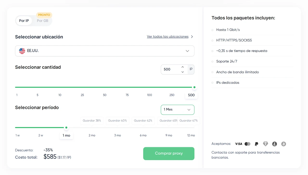 Proxy Seller — Precio de los proxies