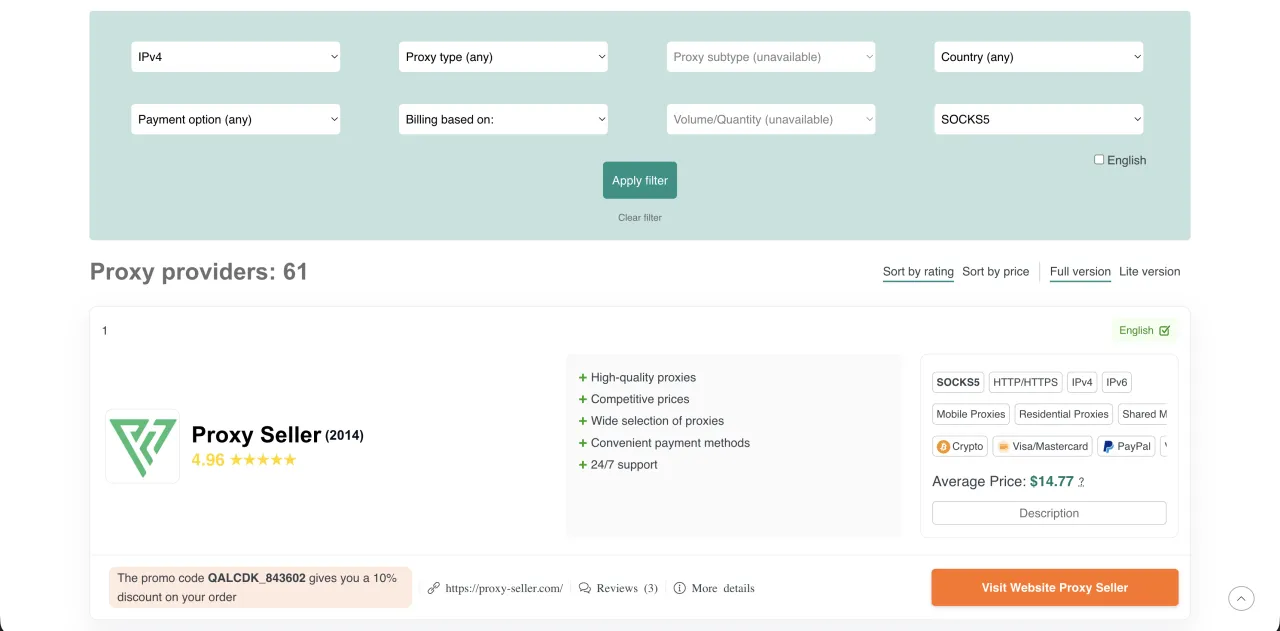 Caproxy proxy provider ranking with filters by type and country