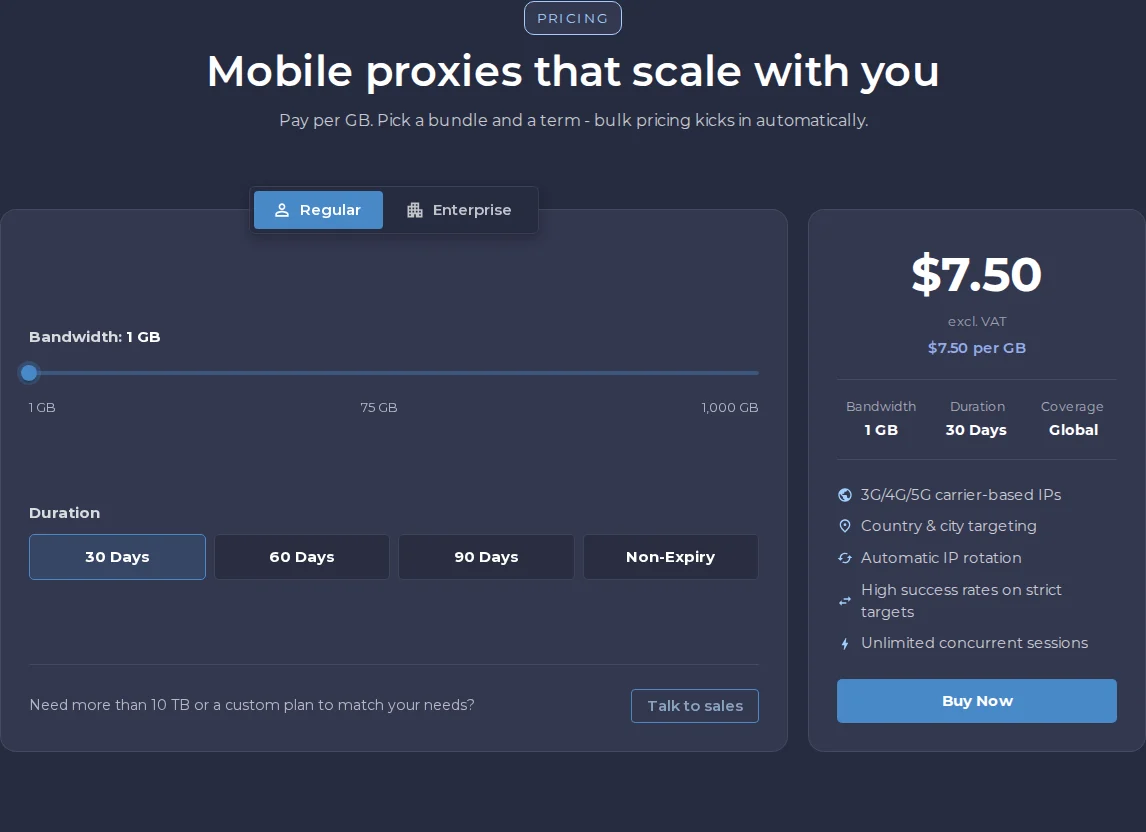 Precios de proxies móviles de Proxyscrape por volumen de tráfico