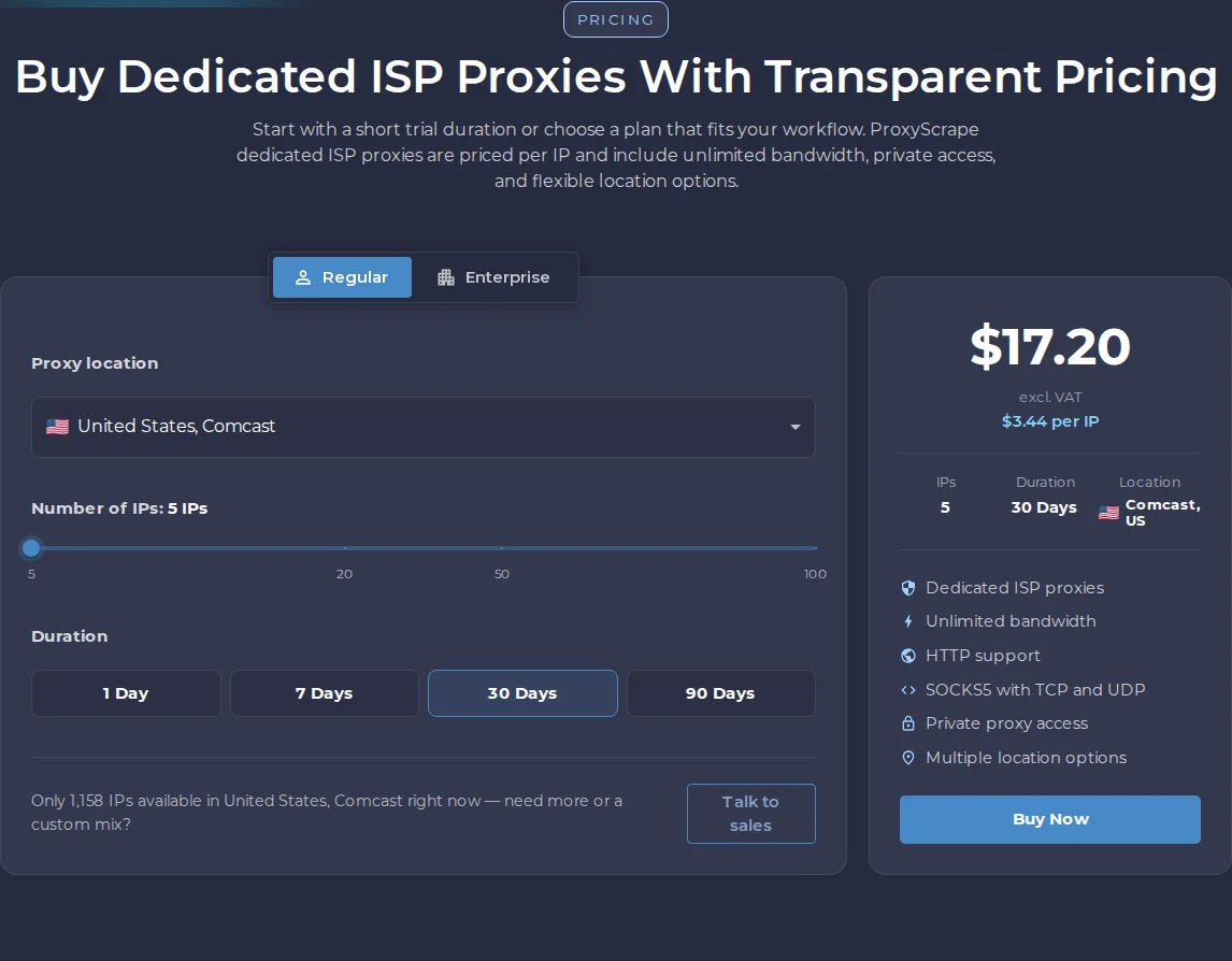 Precio de proxies ISP de Proxyscrape por IP según el tamaño del pedido