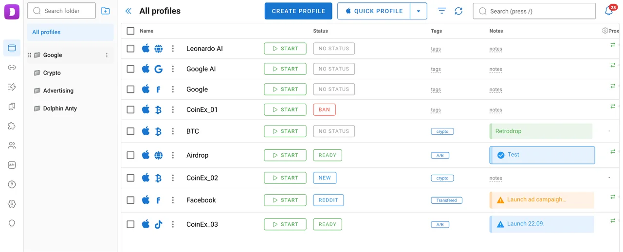 Dolphin Anty profile list with the folder sidebar open