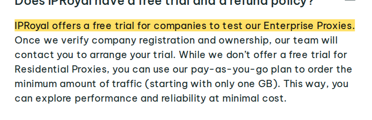 IPRoyal: l’essai gratuit d’IPRoyal est limité aux entreprises testant Enterprise Proxies et nécessite d’abord une vérification de l’entreprise.