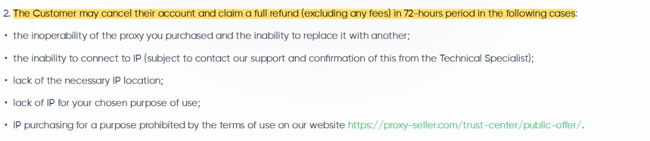 Proxy Seller: Pełny zwrot (pomniejszony o opłaty) jest gwarantowany tylko w oknie 72 godzin i tylko w przypadku konkretnych problemów, takich jak niedziałające proxy lub błędna lokalizacja, a nie z powodu ogólnego niezadowolenia.