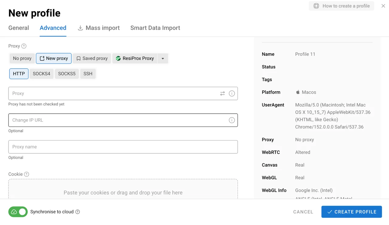 Proxy fields in the Dolphin Anty new profile form