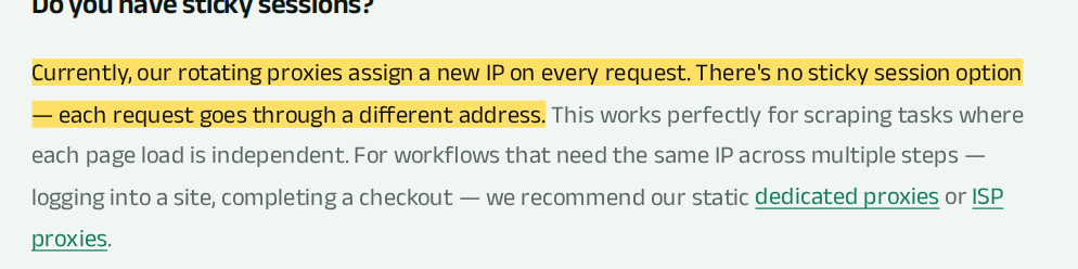FineProxy: FineProxy のローテーションプロキシ FAQ には sticky セッションの選択肢はなく、すべてのリクエストは別の IP アドレスを経由すると書かれている。