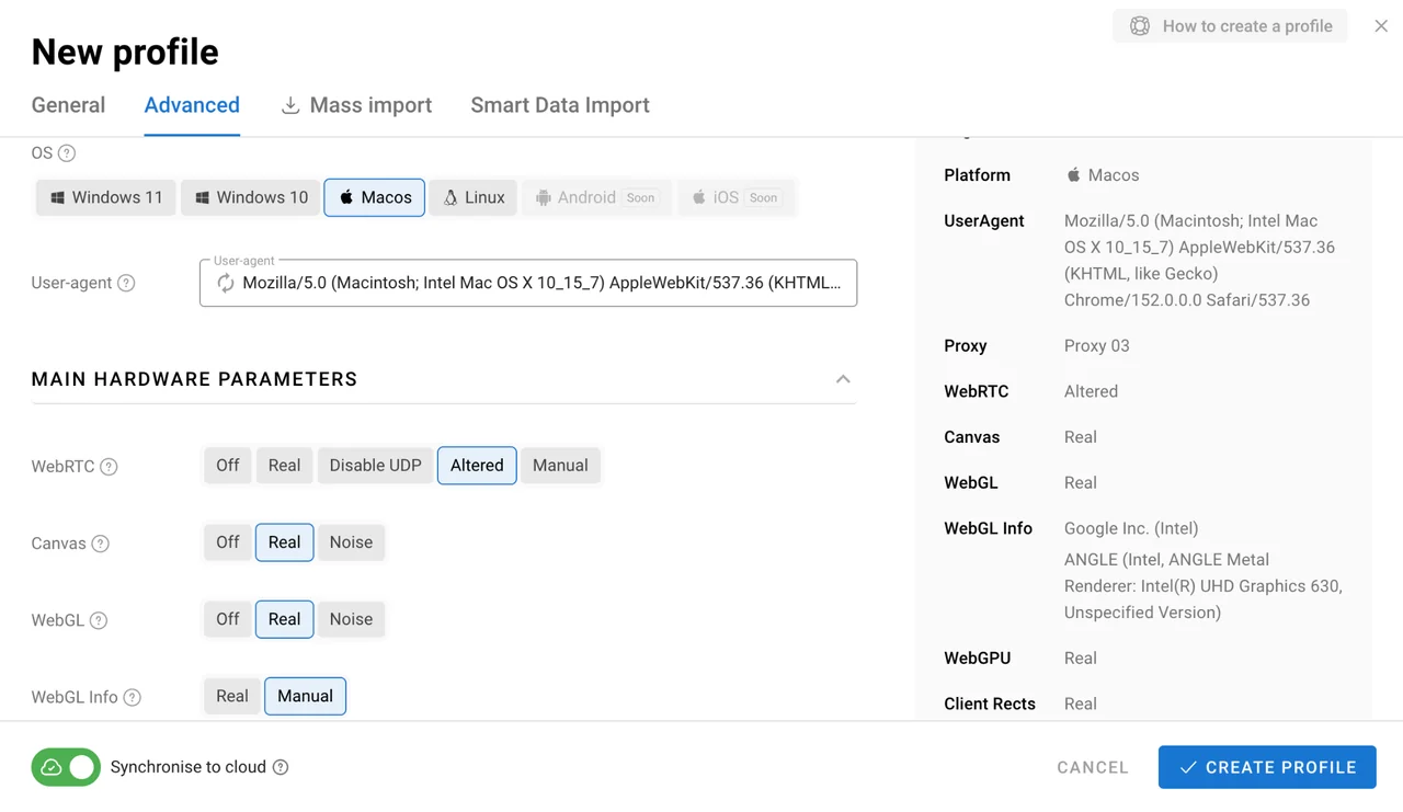 Fingerprint settings of a browser profile in Dolphin Anty
