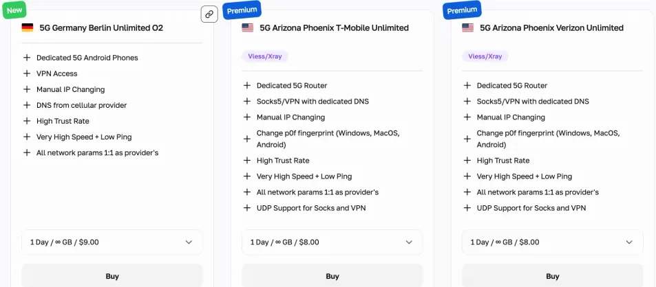 CyberYozh dedicated 5G mobile proxies: 1 Day, unlimited GB, $8 in Phoenix (T-Mobile, Verizon) and $9 in Berlin (O2)