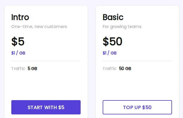 DataImpulse residential proxy plans: Intro $5 for 5 GB at $1 per GB, Basic $50 for 50 GB