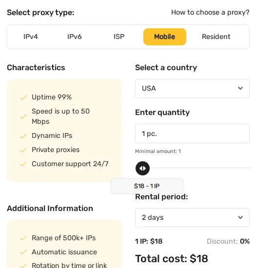 Geonix mobile proxy calculator: USA, rental period 2 days, 1 IP $18, total cost $18