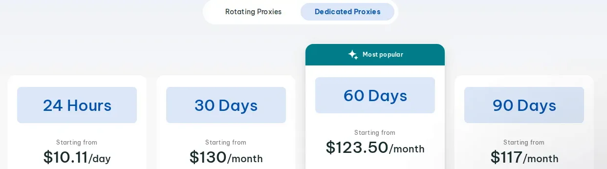 IPRoyal dedicated mobile proxies pricing: 24 Hours starting from $10.11/day, 30 Days from $130/month