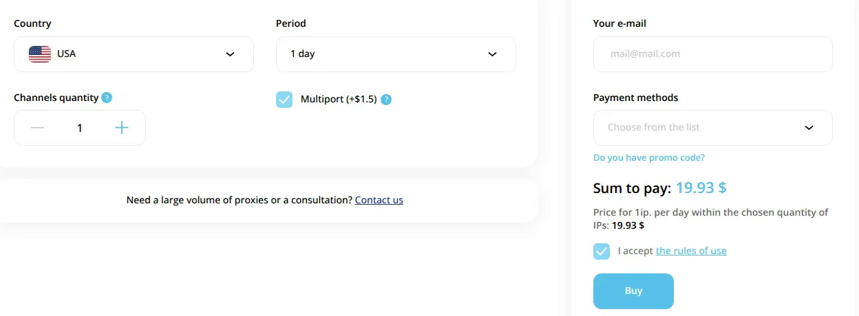 Proxy-Solutions mobile proxy order form: USA, 1 day, multiport on, sum to pay $19.93