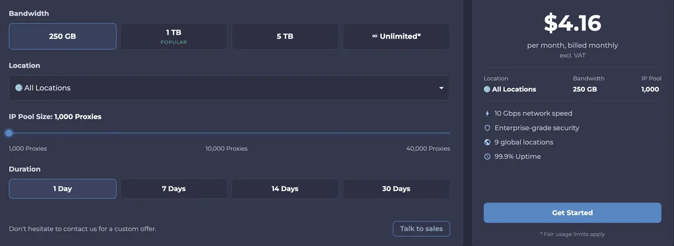 Proxyscrape shared datacenter order form: 250 GB, 1,000 proxies, 1 Day selected, $4.16 excl. VAT, with the caption per month, billed monthly left under the price