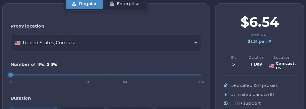 Proxyscrape dedicated ISP proxies: United States, Comcast, 5 IPs, 1 Day, $6.54 excl. VAT, $1.31 per IP