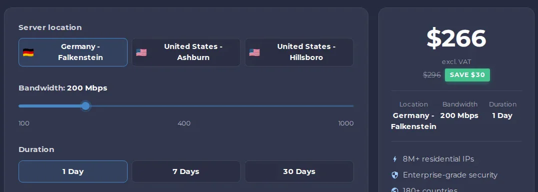 Proxyscrape unlimited residential proxies: Germany Falkenstein server, 200 Mbps, 1 Day, $266 excl. VAT