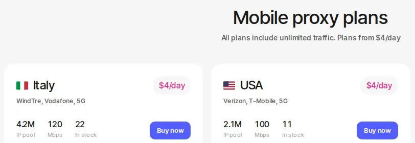 ProxyShard mobile proxy plans: Italy and USA (Verizon, T-Mobile, 5G) at $4/day, unlimited traffic