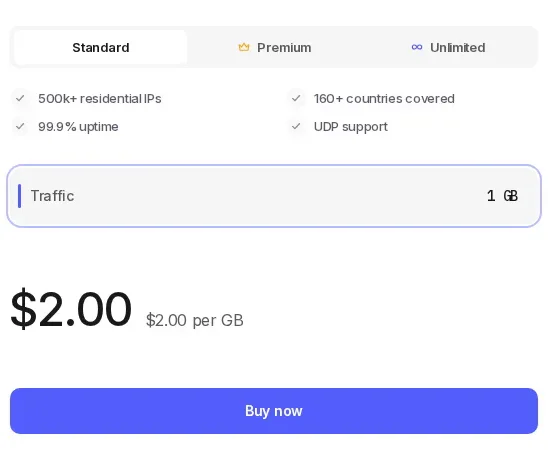 ProxyShard residential proxy pricing, Standard: 1 GB, $2.00 per GB