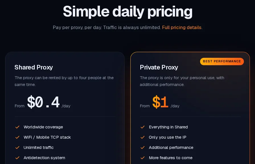 Socks.Market daily pricing: shared proxy from $0.4/day for up to four people, private proxy from $1/day, unlimited traffic
