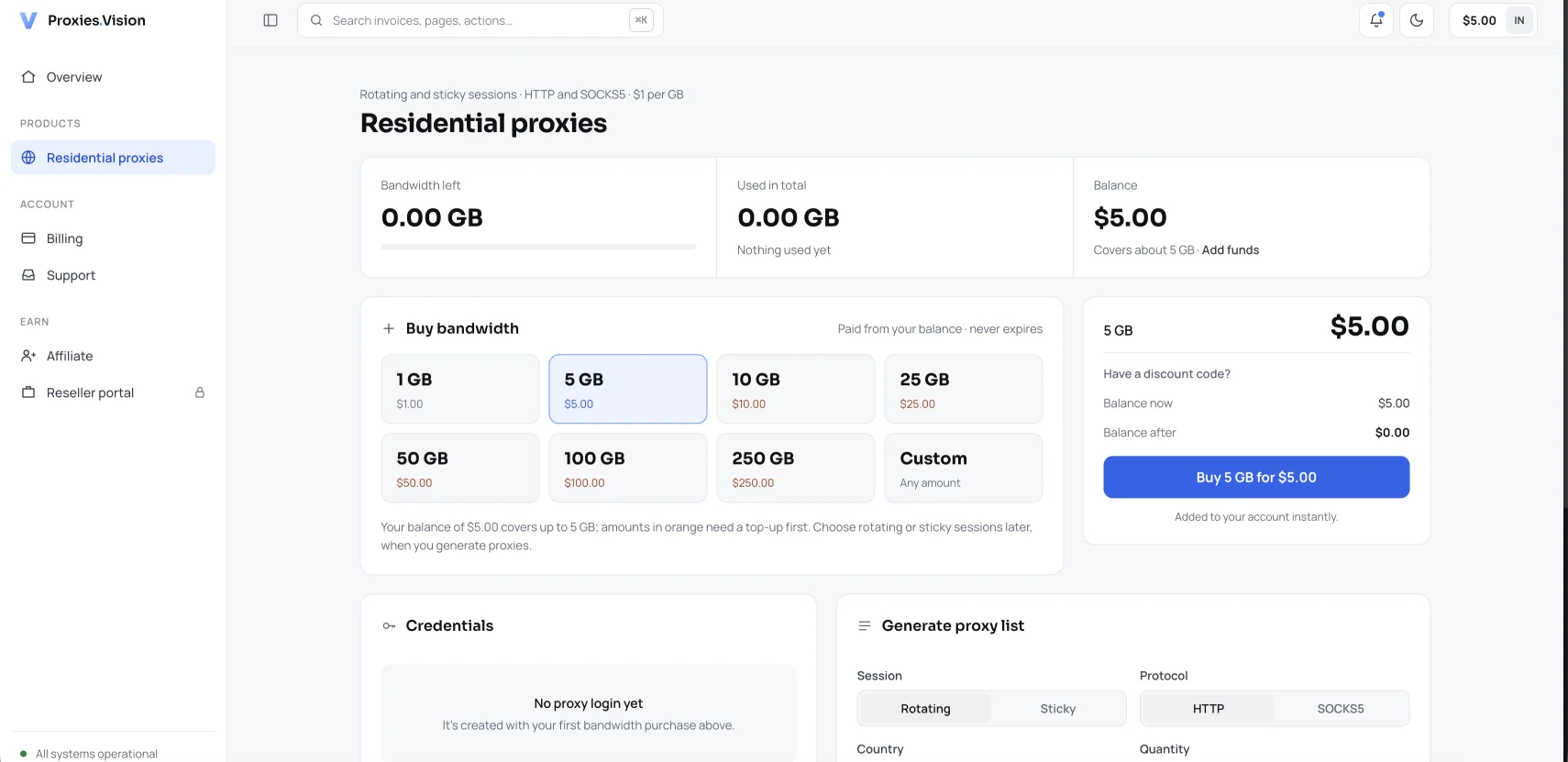Buying a traffic package in our Proxies.Vision account: fixed packages and a custom amount, all at the same price per gigabyte