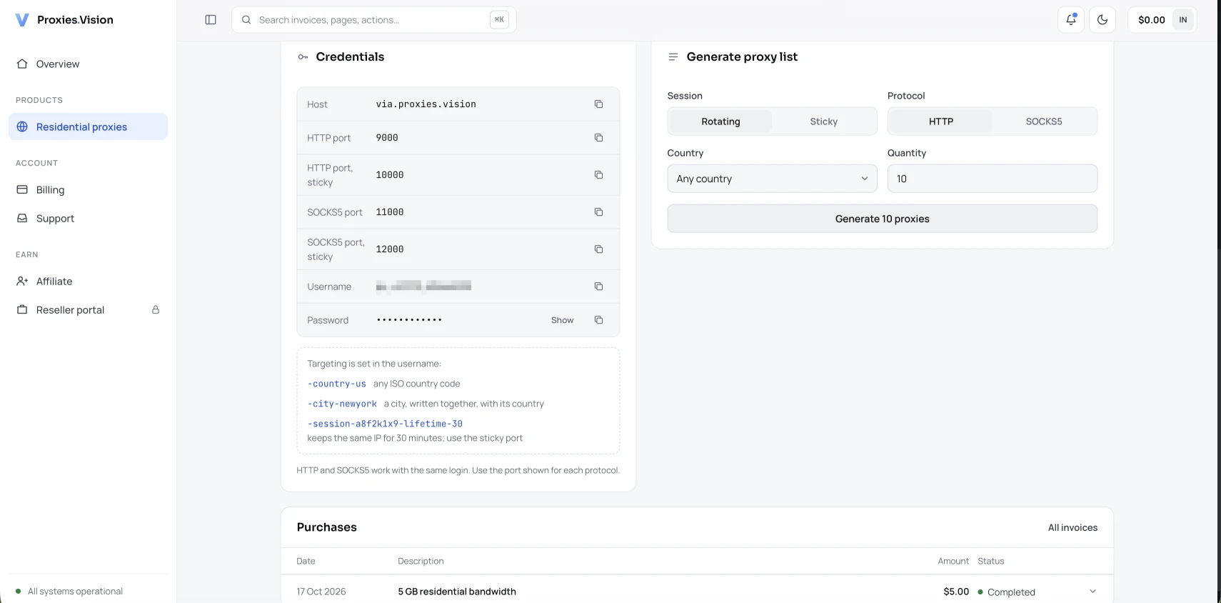 Connection details and list generator in our Proxies.Vision account: host, separate HTTP and SOCKS5 ports with sticky variants, country and quantity