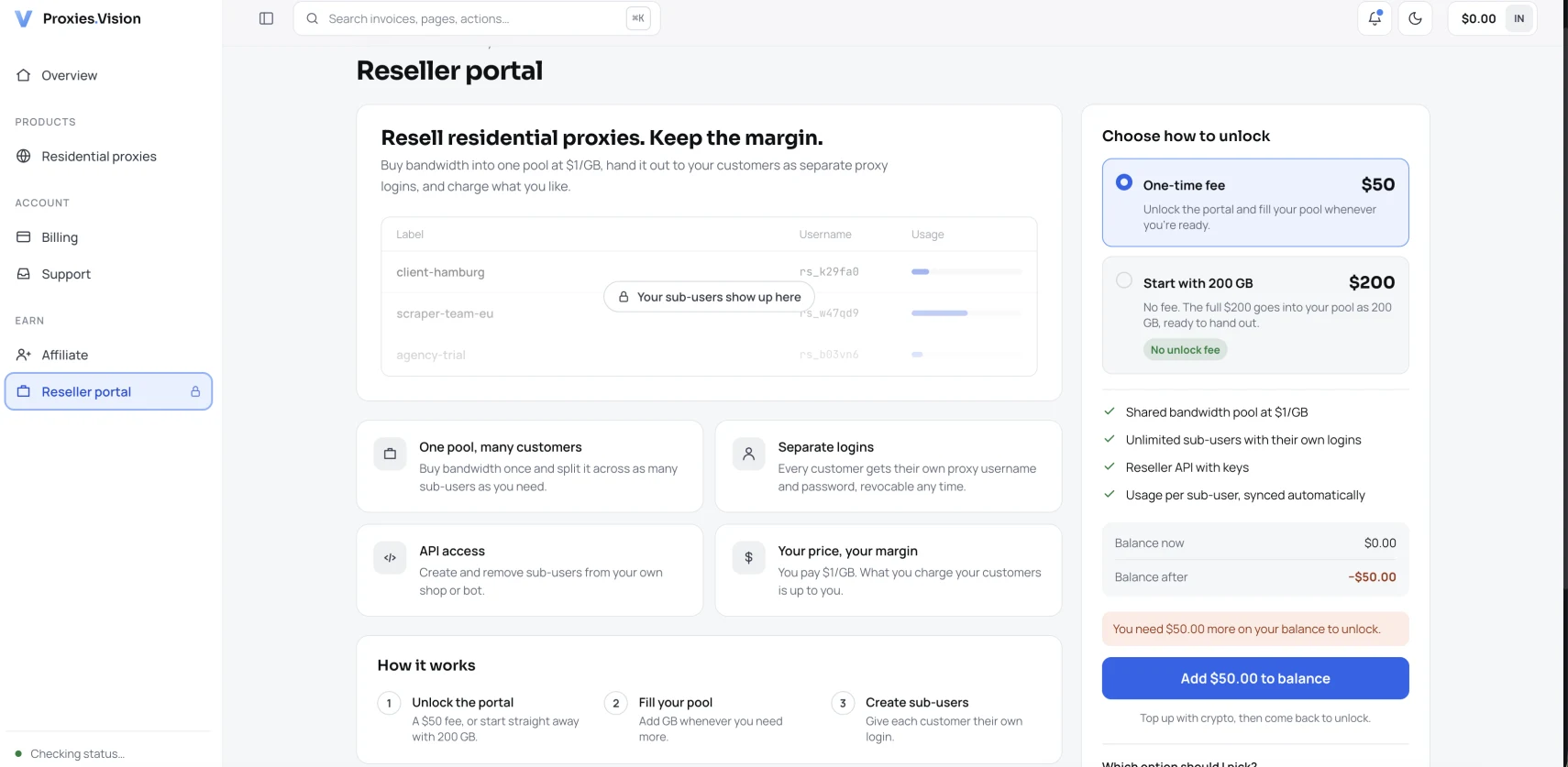Reseller portal in our Proxies.Vision account: sub-users with their own logins, API keys and per-user usage, unlocked by a one-time fee or a starting pool