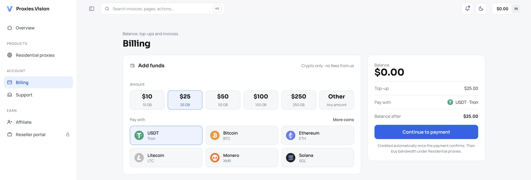 Topping up the balance in our Proxies.Vision account: crypto only, fixed amounts or a custom sum, several coins to choose from