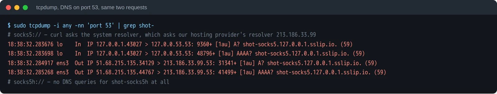 tcpdump: with socks5:// the DNS query for the test name went to our hosting provider's resolver 213.186.33.99, with socks5h:// there was no query